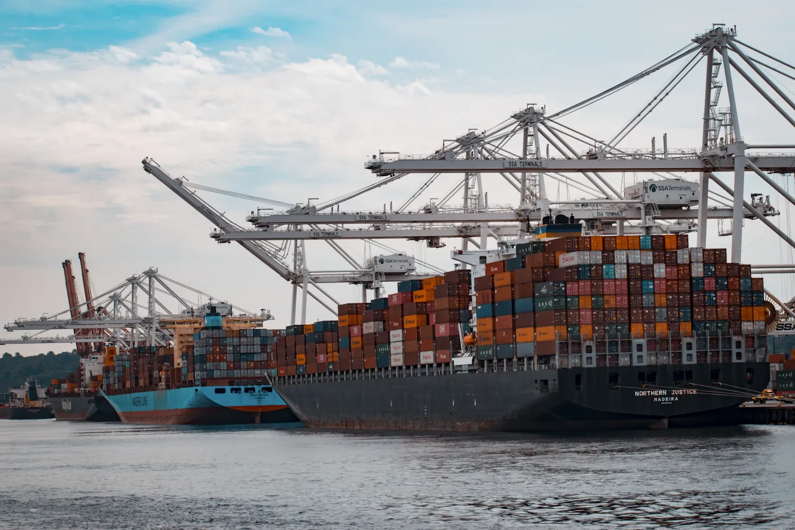Container ship and port cranes supporting international trade